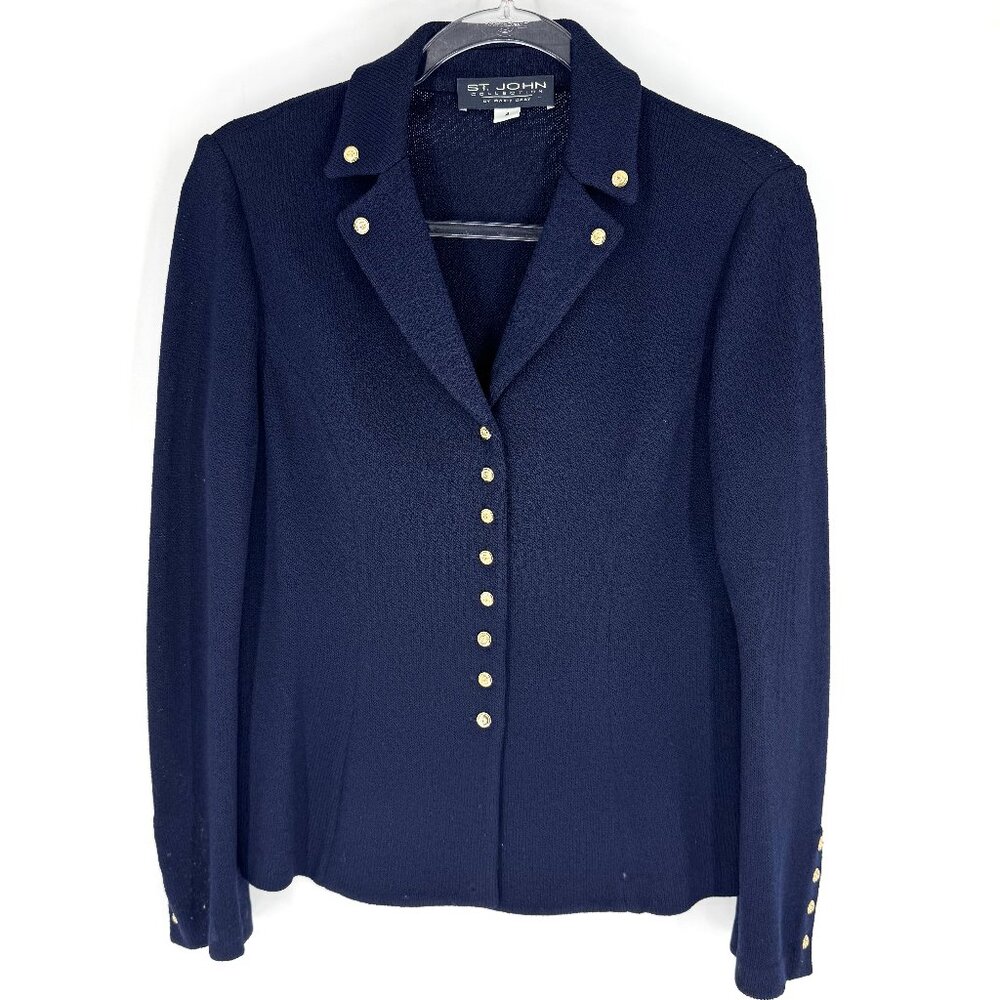 St. John Collection Knit Collared Button Down Navy with Gold Buttons Size 4